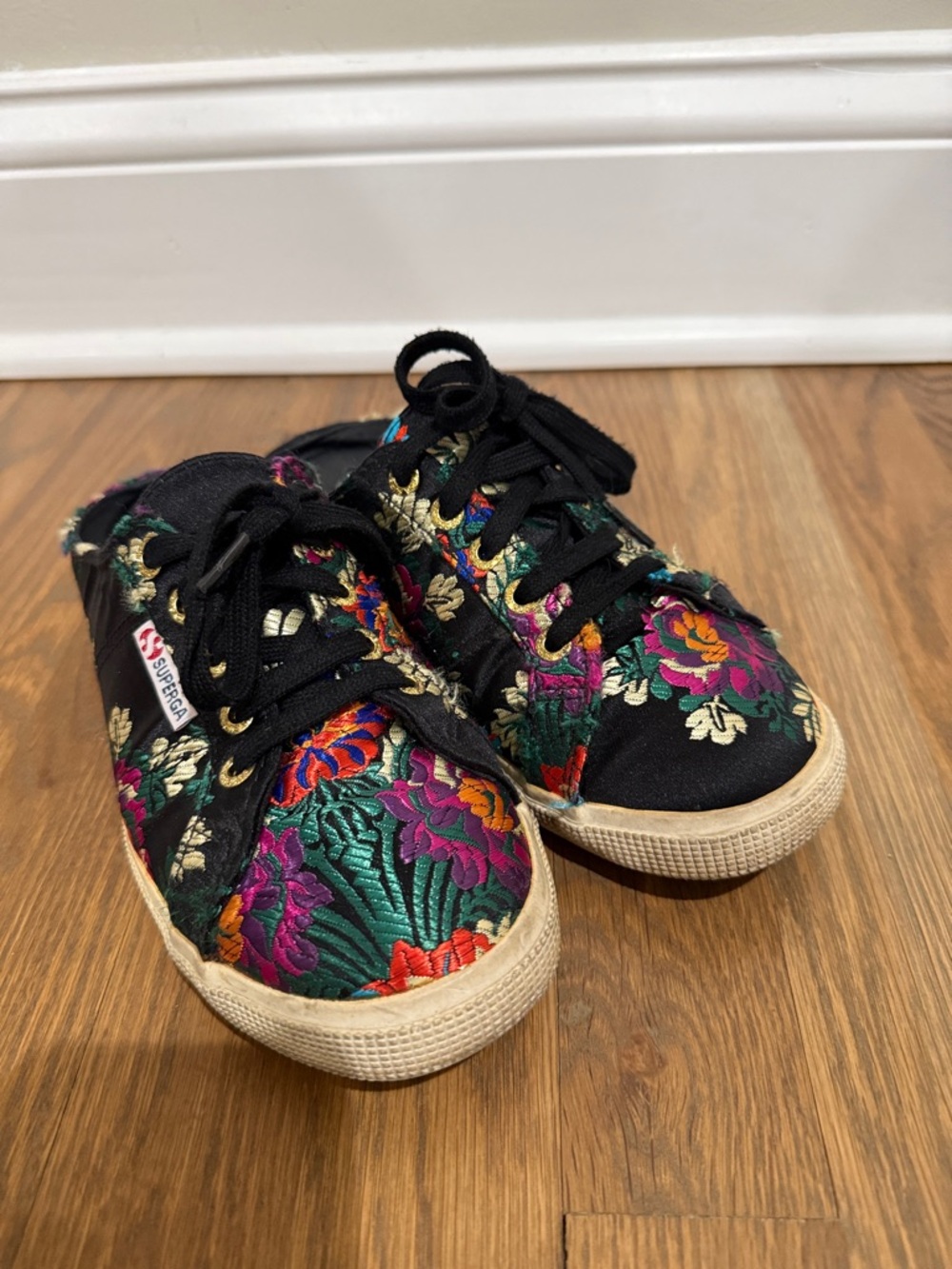 Superga Black Canvas Sneakers with Bright Floral Embroidery